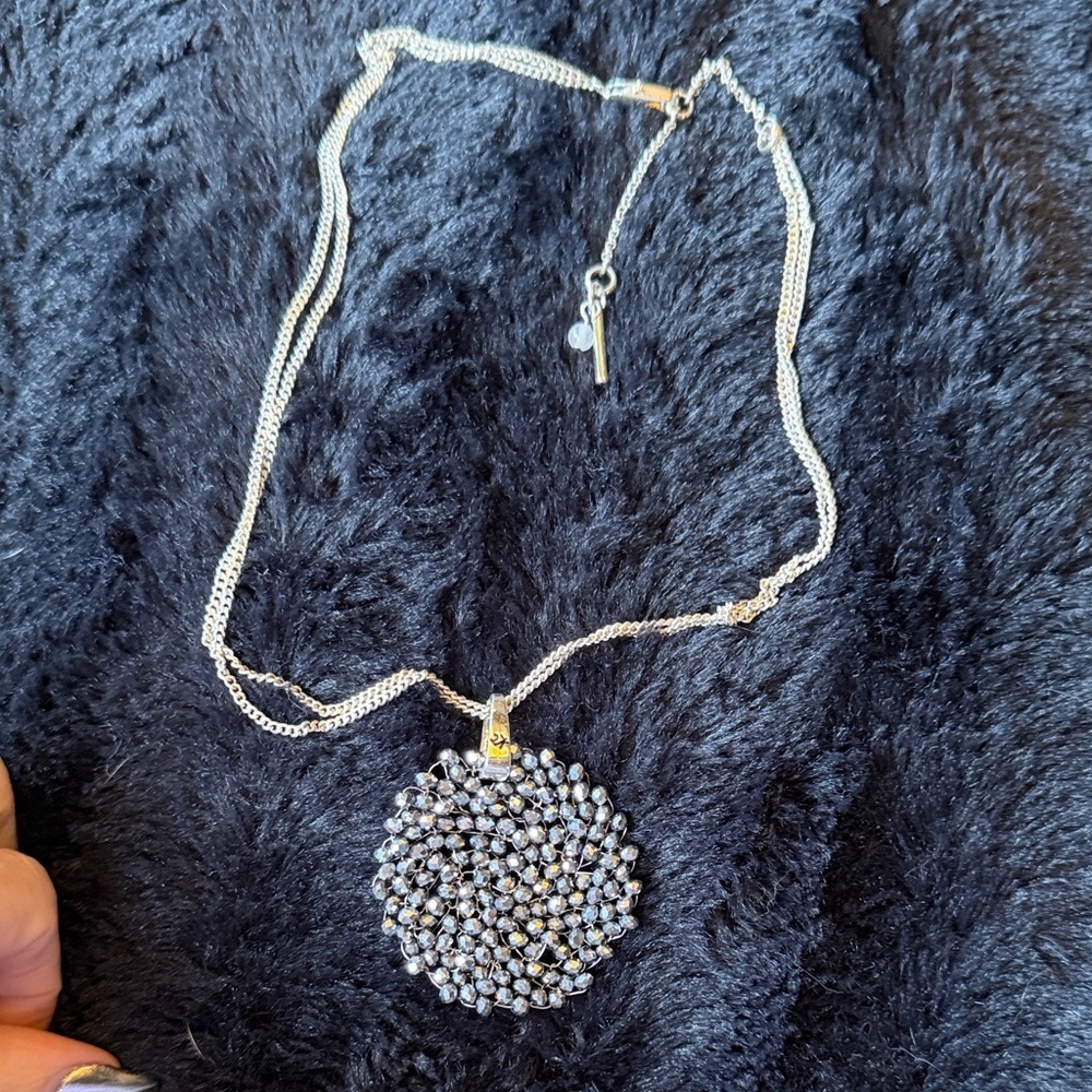 Silver Crystal Cluster Pendant Necklace - Faceted Round Statement in Silver